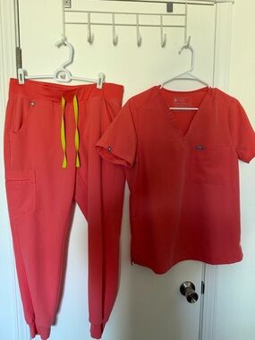FIGS Hot Coral Catarina Scrub Top and Zamora Jogger Pants
